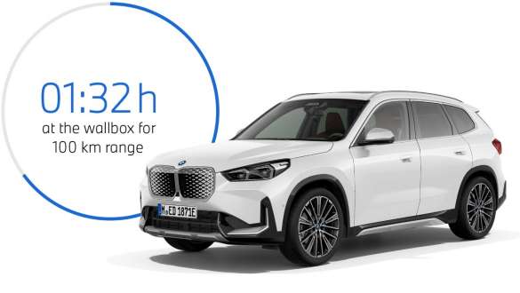 BMW iX1 xDrive30 U11 BEV 2022 charging at home Vista laterale a tre quarti della BMW iX1 xDrive30 U11 BEV 2022 Mineral White metallizzato Charging at home