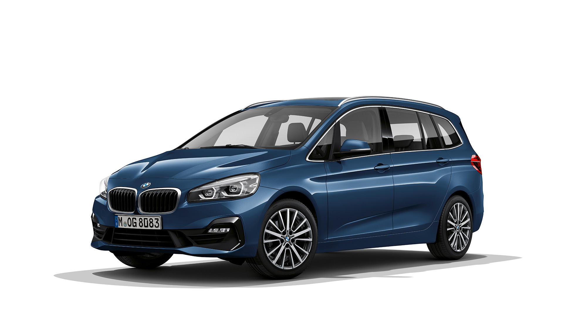 Dreiviertel-Frontansicht BMW 2er Gran Tourer Modell Advantage F46 BMW 2er Gran Tourer 218i Modell Advantage F46 Facelift 2018 Mediterranblau metallic Dreiviertel-Frontansicht