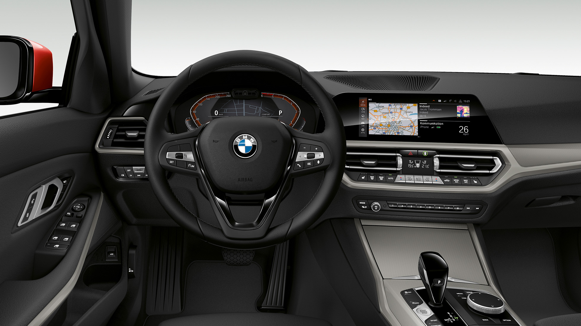 BMW Série 3 Berline, poste de conduite du Modèle Advantage. G20 Gros plan de face du poste de conduite côté conducteur de la BMW Série 3 Berline, dotée de l’équipement du Modèle Advantage. G20