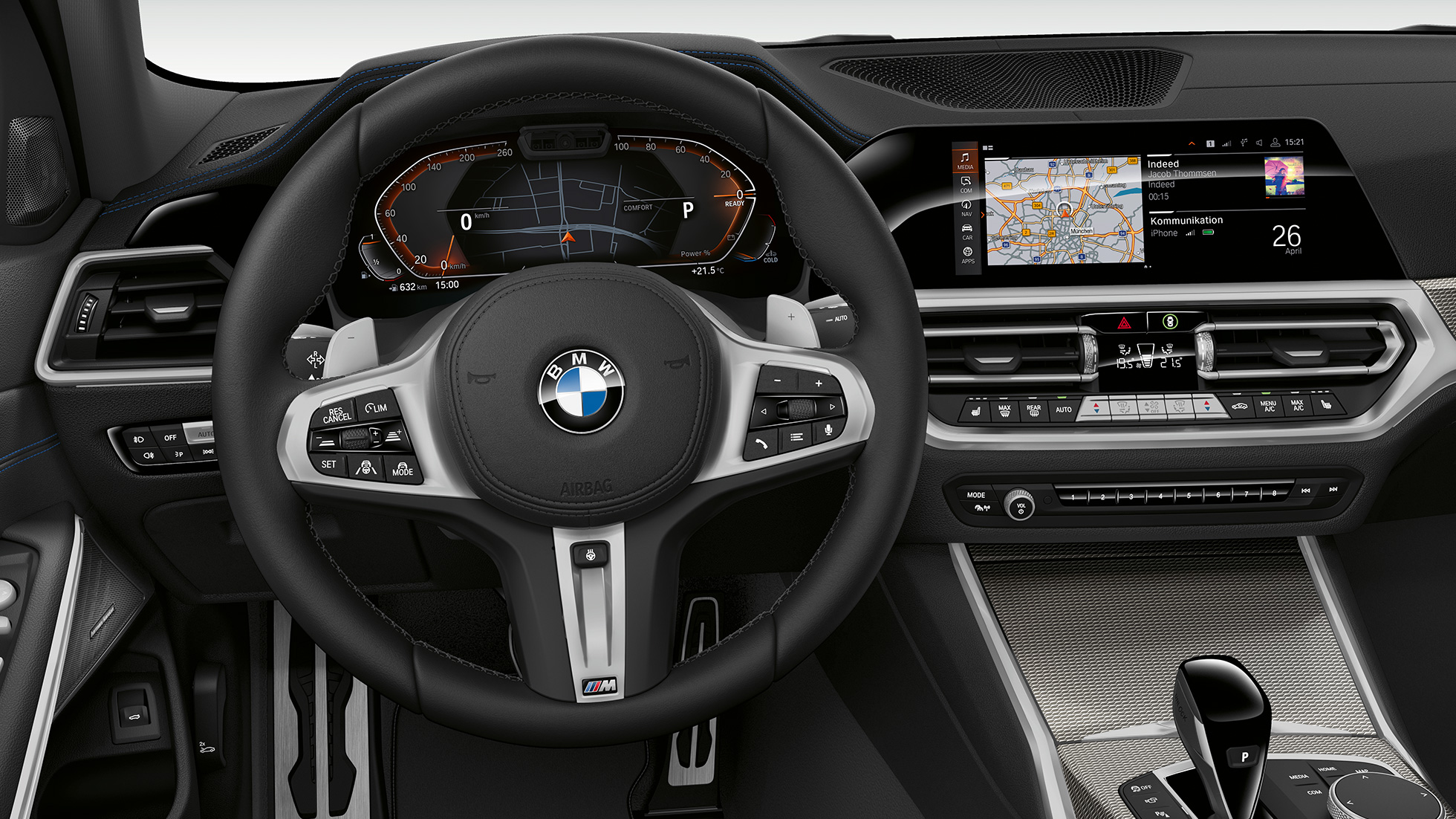 BMW Série 3 Berline, poste de conduite du Modèle Sport. G20 Gros plan de face du poste de conduite côté conducteur de la BMW Série 3 Berline, dotée de l’équipement du Modèle Sport. G20