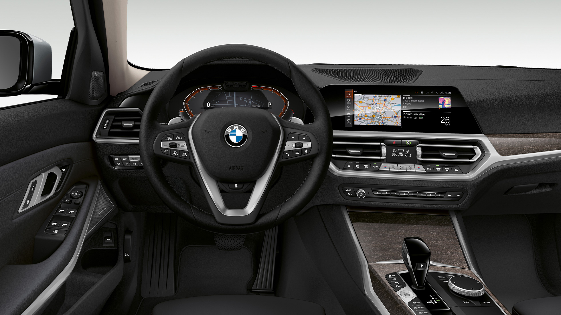 BMW Série 3 Berline, poste de conduite du Modèle Luxury. G20 Gros plan de face du poste de conduite côté conducteur de la BMW Série 3 Berline, dotée de l’équipement du Modèle Luxury. G20