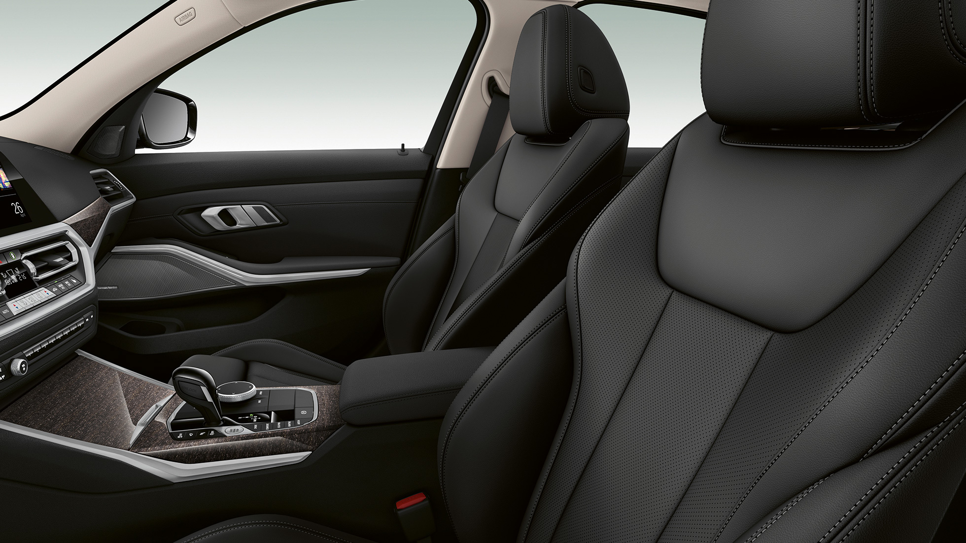 BMW Série 3 Berline, sièges avant du Modèle Luxury. G20 Gros plan latéral des sièges avant de la BMW Série 3 Berline, dotée de l’équipement du Modèle Luxury. G20