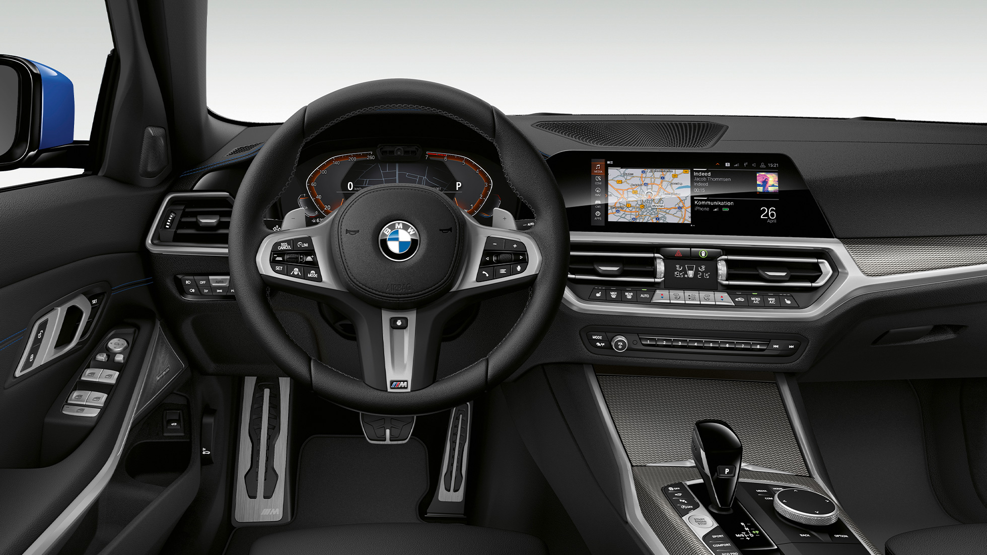 BMW Série 3 Berline, poste de conduite du Modèle M Sport. G20 Gros plan de face du poste de conduite côté conducteur de la BMW Série 3 Berline, dotée de l’équipement du Modèle M Sport. G20
