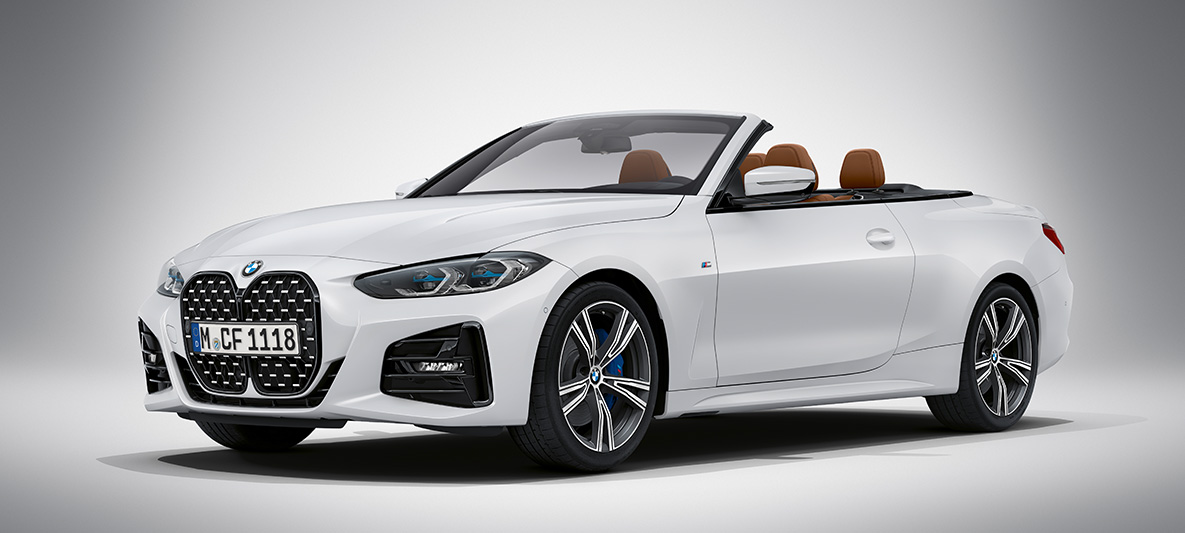 BMW Individual Brillantweiss metallic BMW 4er Cabrio G23 2020 BMW 4er Cabrio Individual Brillantweiss metallic G23 2020 Dreiviertel-Frontansicht stehend
