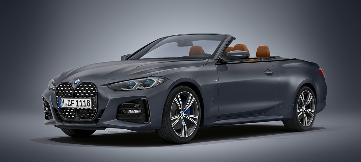 BMW Individual Frozen Deep Grey metallic BMW 4er Cabrio G23 2020 BMW 4er Cabrio Individual Frozen Deep Grey metallic G23 2020 Dreiviertel-Frontansicht stehend