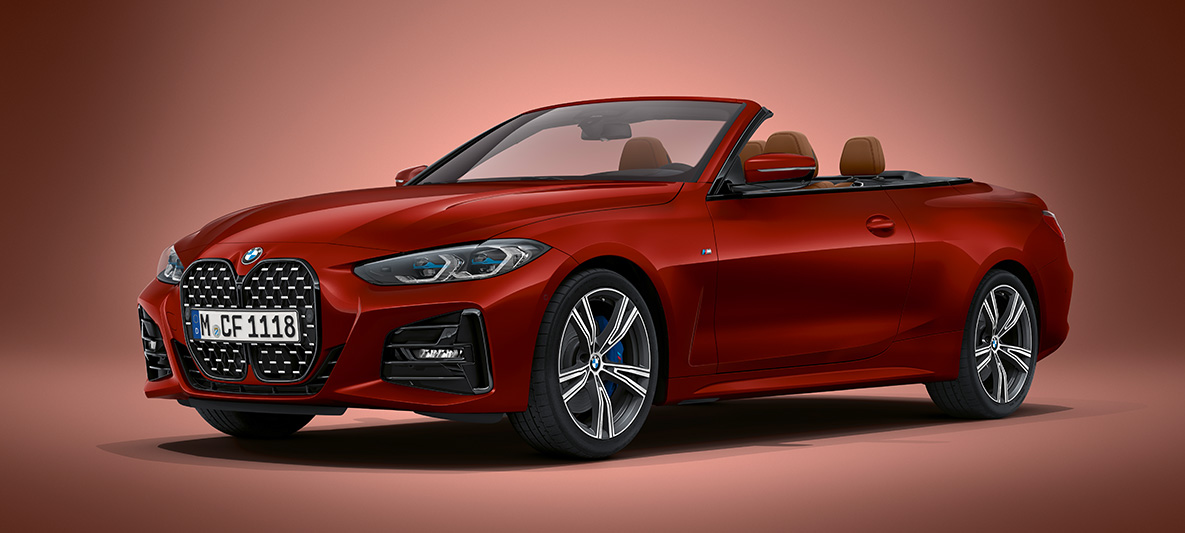 BMW Individual Aventurinrot metallic BMW 4er Cabrio G23 2020 BMW 4er Cabrio G23 2020 BMW Individual Aventurinrot metallic Dreiviertel-Frontansicht stehend