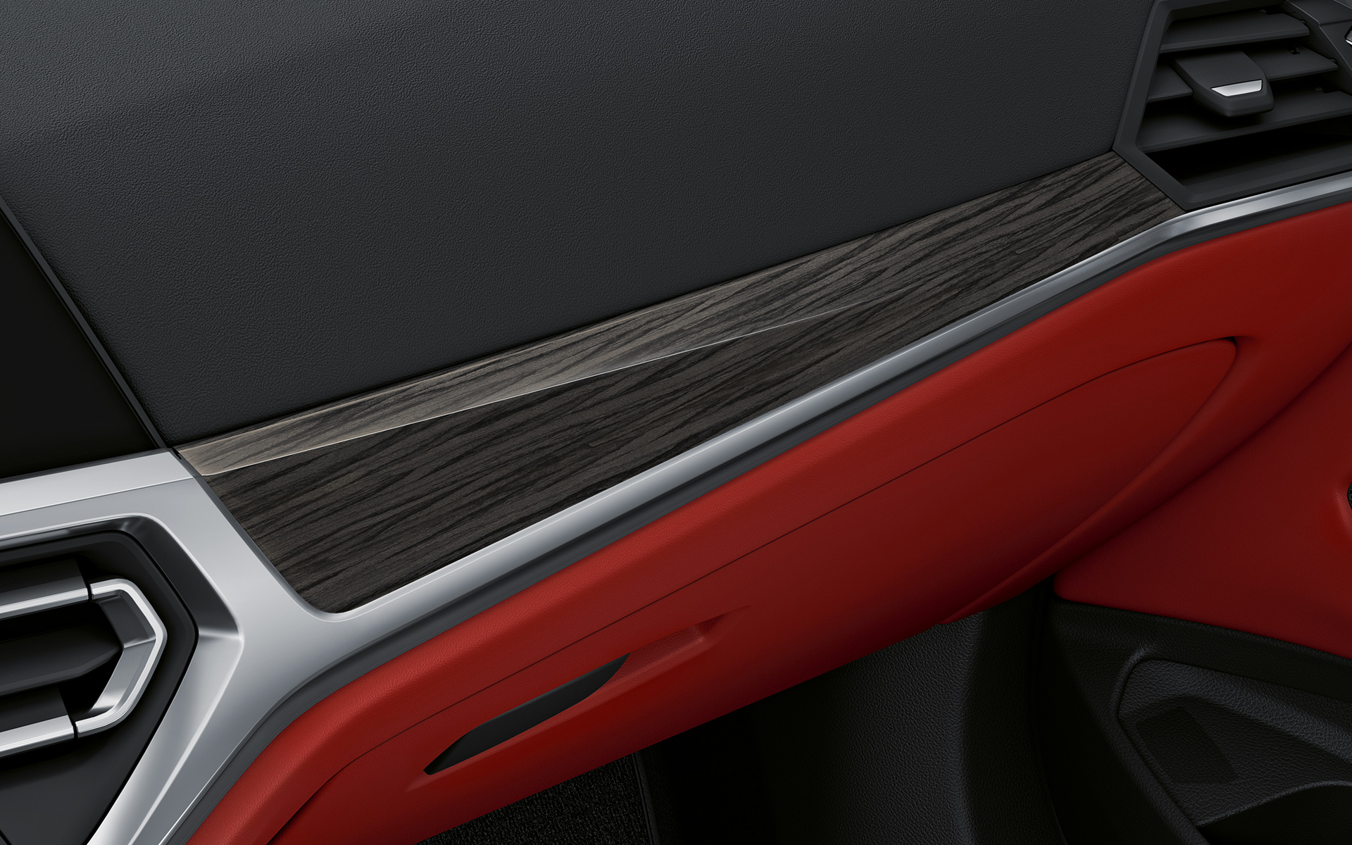Modanature interne in legno pregiato della BMW Serie 4 Coupé 2020 G22 Individual Abitacolo Modanature interne in legno pregiato con profili in Pearl Gloss cromato della BMW Serie 4 Coupé Individual G22 2020 Abitacolo