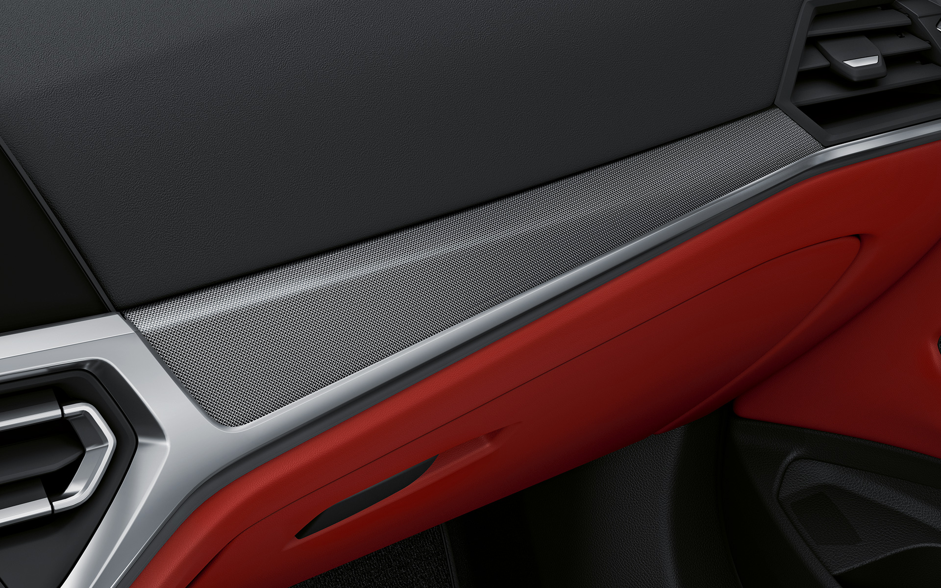Modanature interne in alluminio Tetragon della BMW Serie 4 Coupé 2020 G22 Individual Abitacolo Modanature interne in alluminio Tetragon con profili in Pearl Gloss cromato della BMW Serie 4 Coupé Individual G22 2020 Abitacolo