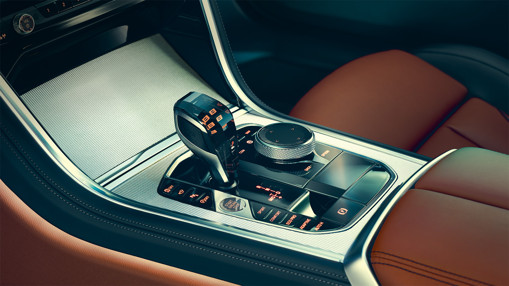 BMW Serie 8 Coupé, consolle centrale Primo piano dell’abitacolo della BMW Serie 8 Coupé con particolare attenzione alla consolle centrale.