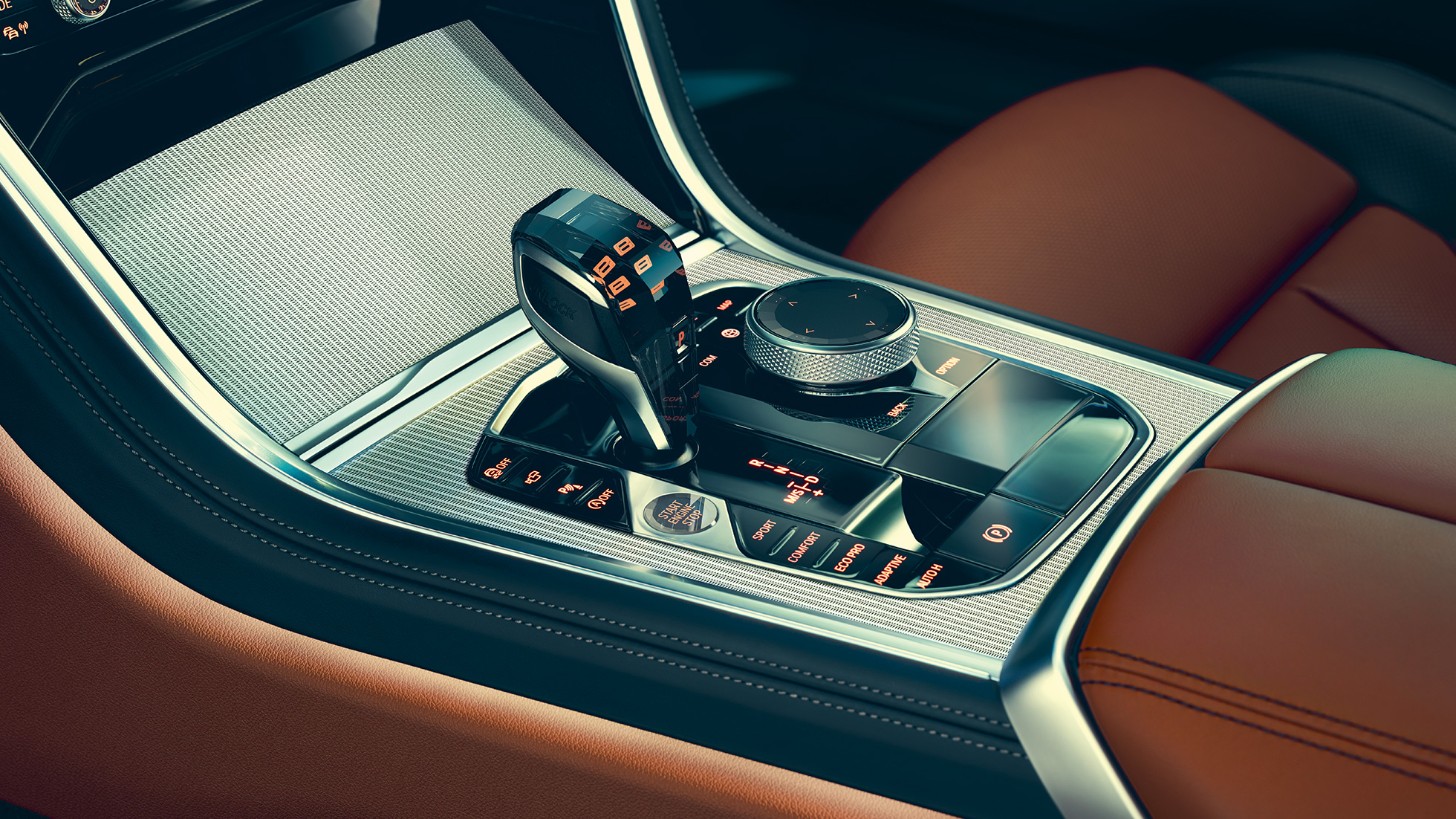 BMW Série 8 Coupé, intérieur. G15 Intérieur de la BMW Série 8 Coupé, vue en gros plan du sélecteur de vitesses. G15