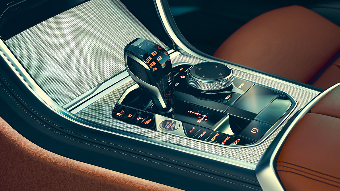 BMW Série 8 Coupé, console centrale. G15 Détail : l'habitacle de la BMW Série 8 Coupé, mise en évidence de la console centrale. G15