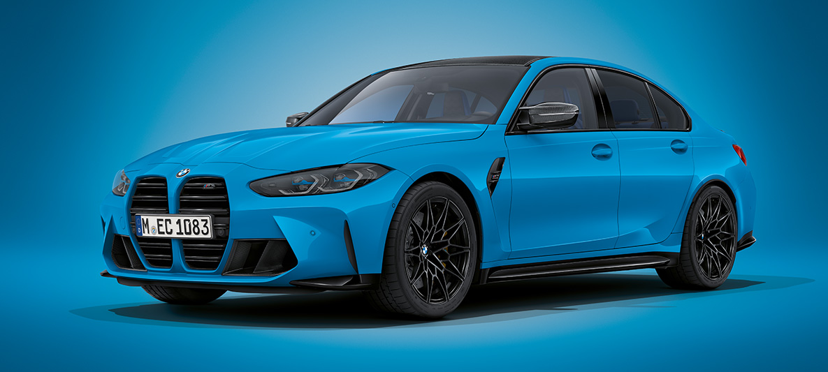 BMW M3 Limousine BMW Individual Mexikoblau metallic G80 2021 Dreiviertel-Frontansicht stehend BMW M3 Limousine BMW Individual Mexikoblau metallic G80 2021 Dreiviertel-Frontansicht stehend