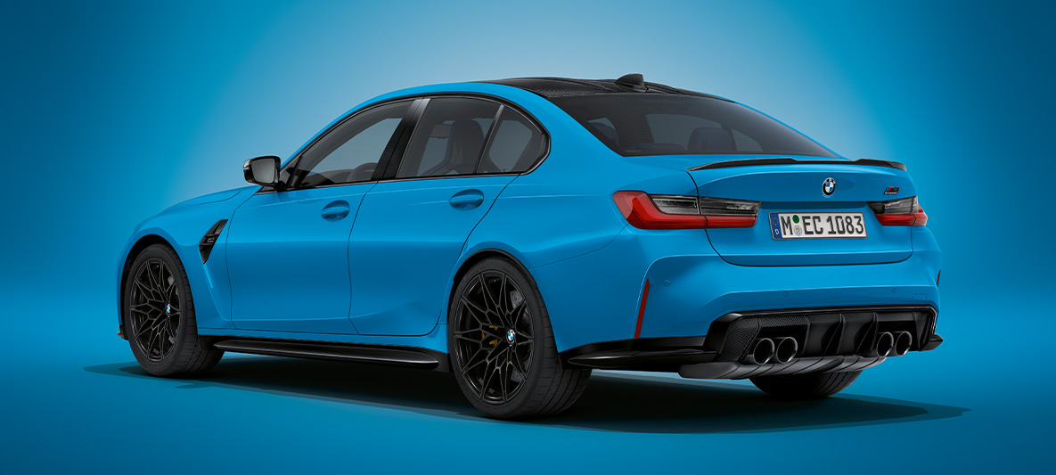 BMW M3 Limousine BMW Individual Mexikoblau metallic G80 2021 Dreiviertel-Heckansicht stehend BMW M3 Limousine BMW Individual Mexikoblau metallic G80 2021 Dreiviertel-Heckansicht stehend
