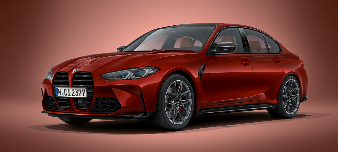 BMW Individual Aventurinrot metallic BMW M3 Limousine G80 2020 BMW M3 Limousine BMW Individual Aventurinrot metallicG80 2020 Dreiviertel-Frontansicht stehend