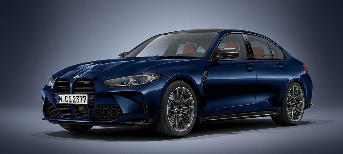 BMW Individual Tansanitblau metallic BMW M3 Limousine G80 2020 BMW M3 Limousine BMW Individual Tansanitblau metallic G80 2020 Dreiviertel-Frontansicht stehend
