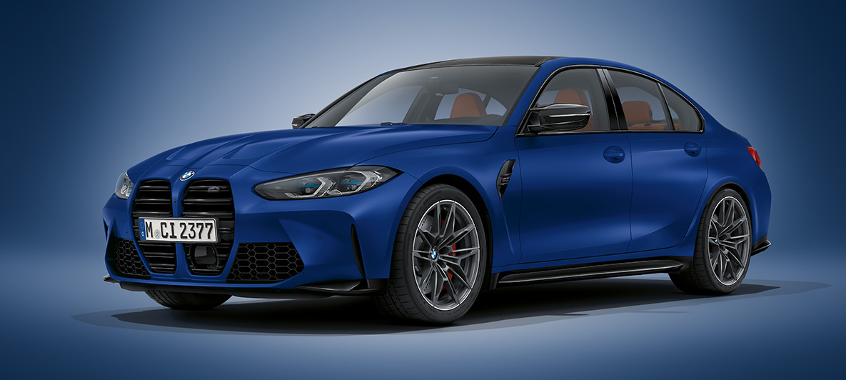 BMW Individual Frozen Portimao Blau metallic BMW M3 Limousine G80 2020 BMW M3 Limousine BMW Individual Frozen Portimao Blau metallic G80 2020 Dreiviertel-Frontansicht stehend