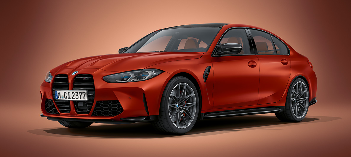 BMW Individual Frozen Orange metallic BMW M3 Limousine G80 2020 BMW M3 Limousine BMW Individual Frozen Orange metallic G80 2020 Dreiviertel-Frontansicht stehend