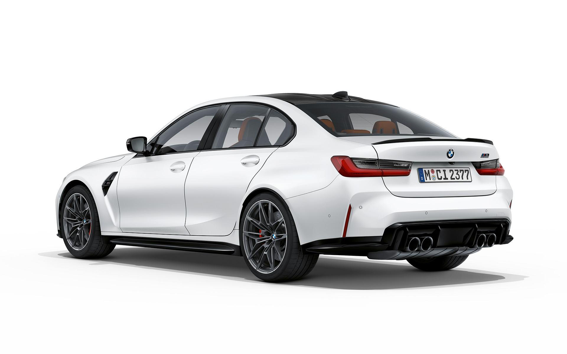 BMW M3 Competition G80 2020 Dreiviertel-Heckansicht BMW M3 Competition G80 2020 Frozen Brilliant White metallic Dreiviertel-Heckansicht