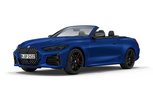 Vista anteriore a tre quarti della BMW M440i xDrive Cabrio G23 2020 BMW M440i xDrive Cabrio G23 2020 BMW Individual Frozen Portimao Blue metallizzato, vista anteriore a tre quarti