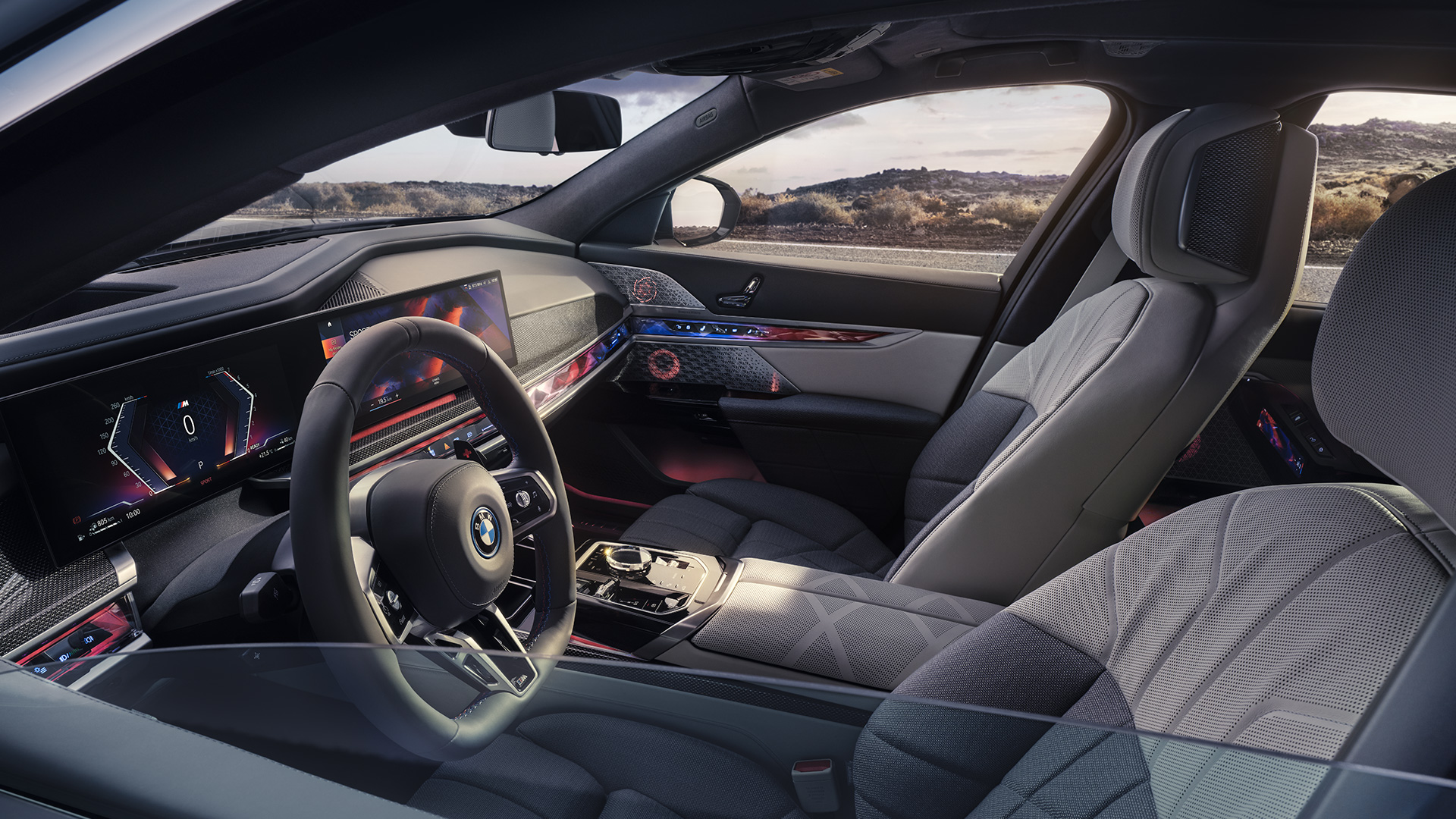 My Mode Sport BMW M760e xDrive Limousine G70 My Mode Sport BMW M760e xDrive Limousine G70 Ansicht von außen durch halb herunrergefahrene Fensterscheibe in das Interior