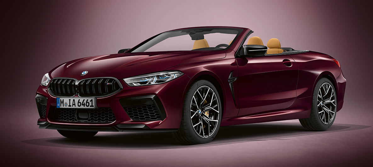 BMW Individual M8 Cabriolet in BMW Individual Ametrine metallizzato. F91 BMW Individual M8 Cabriolet in BMW Individual Ametrine metallizzato, vista frontale di tre quarti. F91