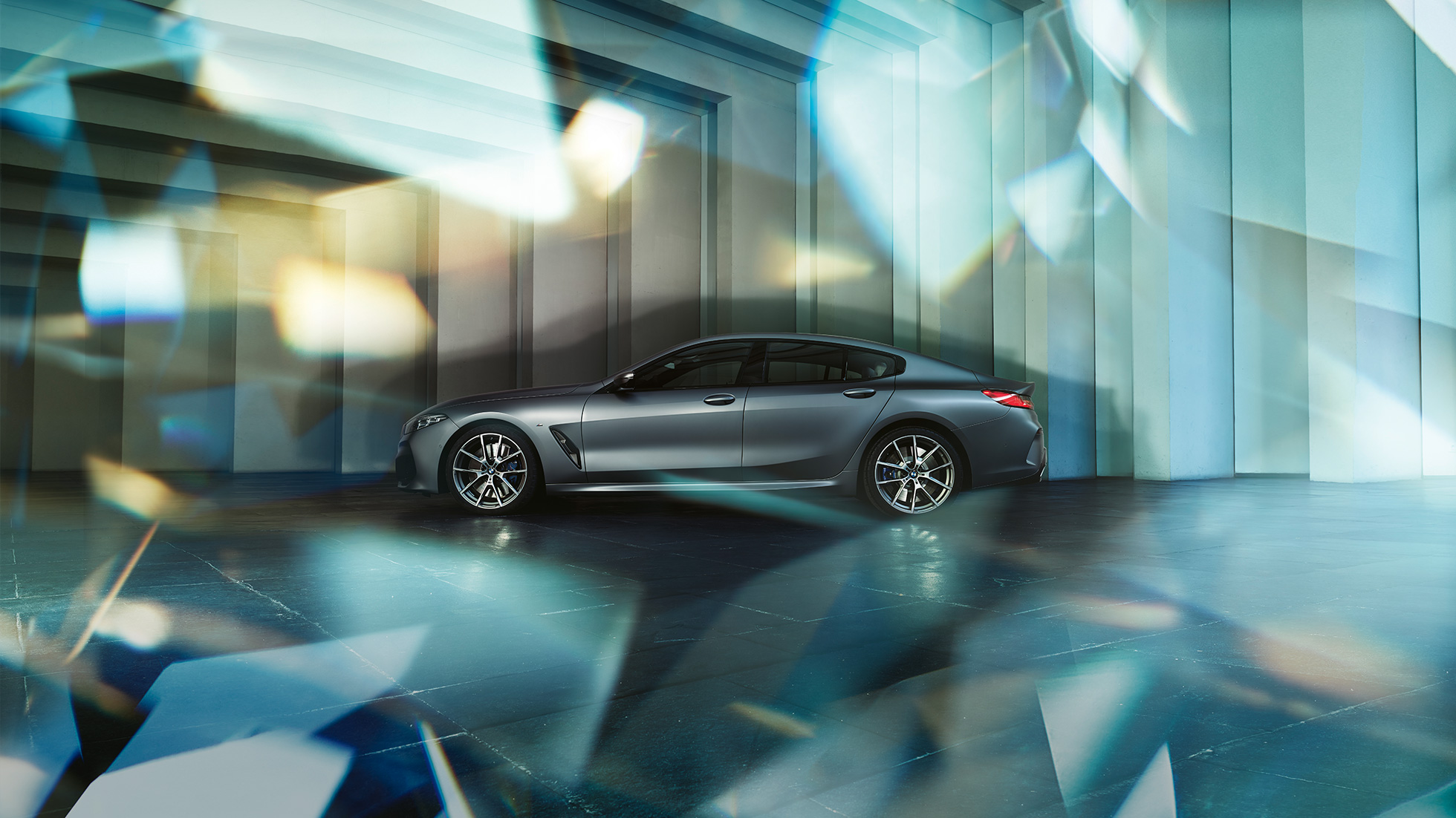 Silhouette da coupé della BMW M850i xDrive Gran Coupé G16 Silhouette da coupé della BMW M850i xDrive Gran Coupé G16 2019 BMW Individual Frozen Bluestone metallizzato, vista laterale G16