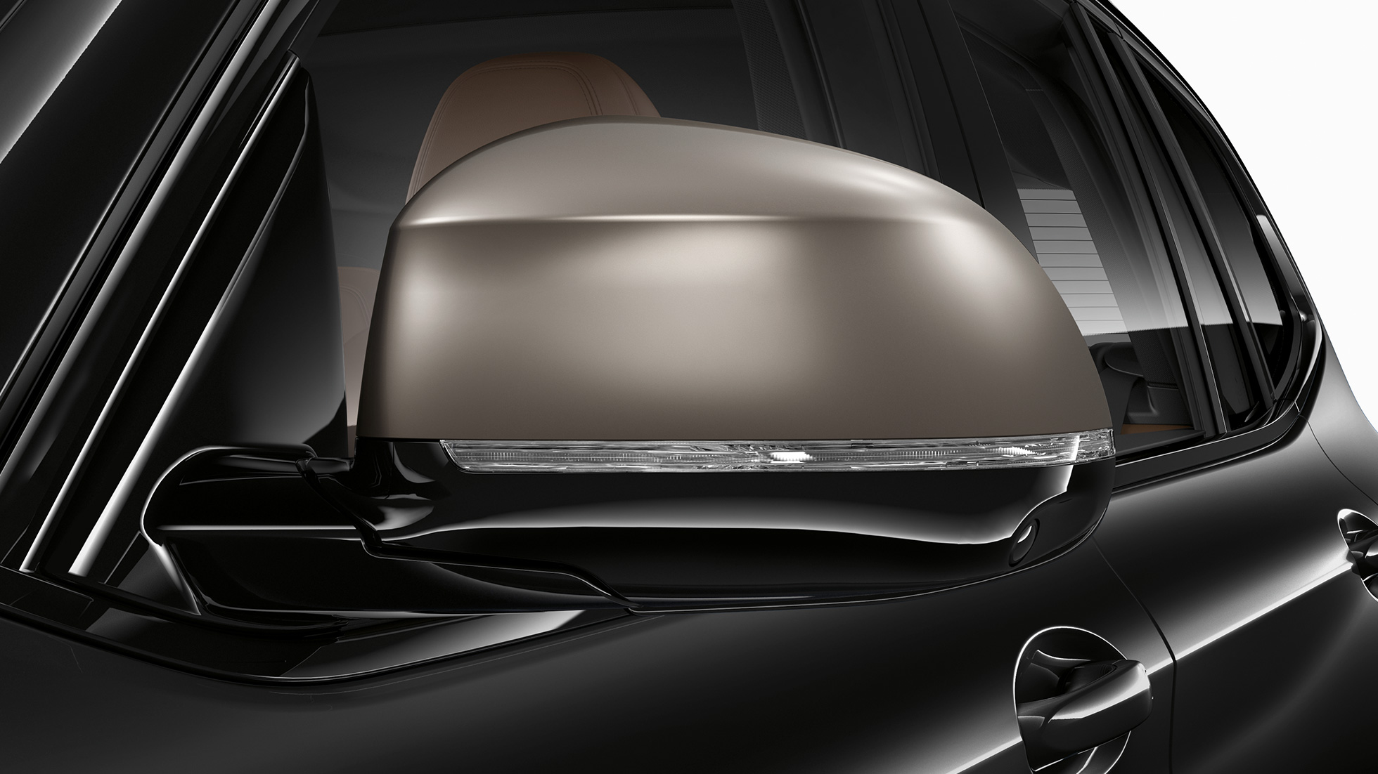 BMW X3 M40i e BMW X3 M40d, calotte degli specchietti retrovisori. BMW X3 M40i e BMW X3 M40d in Sapphire Black metallizzato, esterni, calotte degli specchietti retrovisori galvanizzate in Cerium Grey.