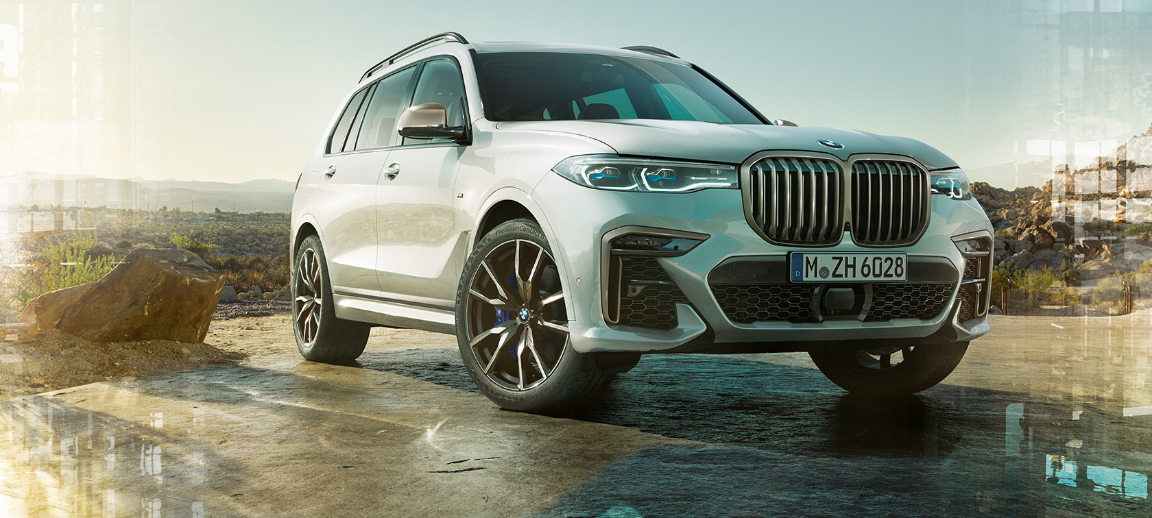 BMW X7 M Automobil G07 2019 Dreiviertel-Frontansicht BMW X7 M Automobil G07 2019 Mineralweiss Dreiviertel-Frontansicht stehend