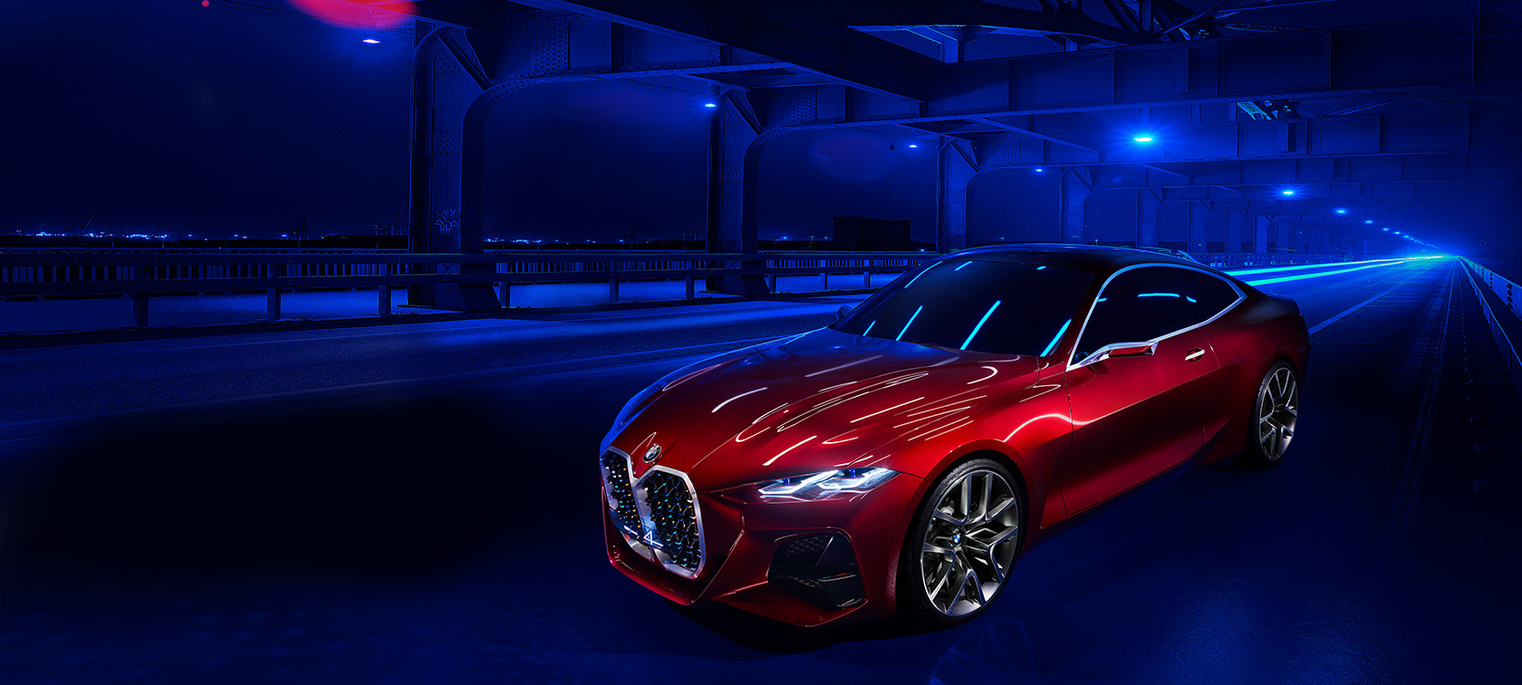 BMW Concept 4 Forbidden Red Exterieur Design in movimento, vista anteriore a tre quarti
