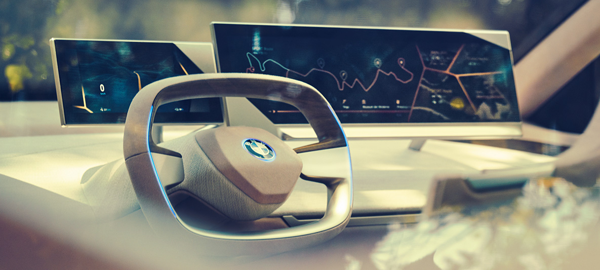 Interni della BMW Vision iNEXT Interni della BMW Vision iNEXT con volante e dashboard