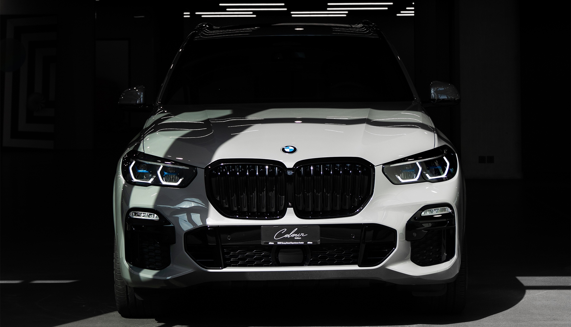Niere BMW X5 xDrive45e Colour Edition Niere BMW X5 xDrive45e Colour Edition weiss Frontalansicht Parkplatz Halbdunkel
